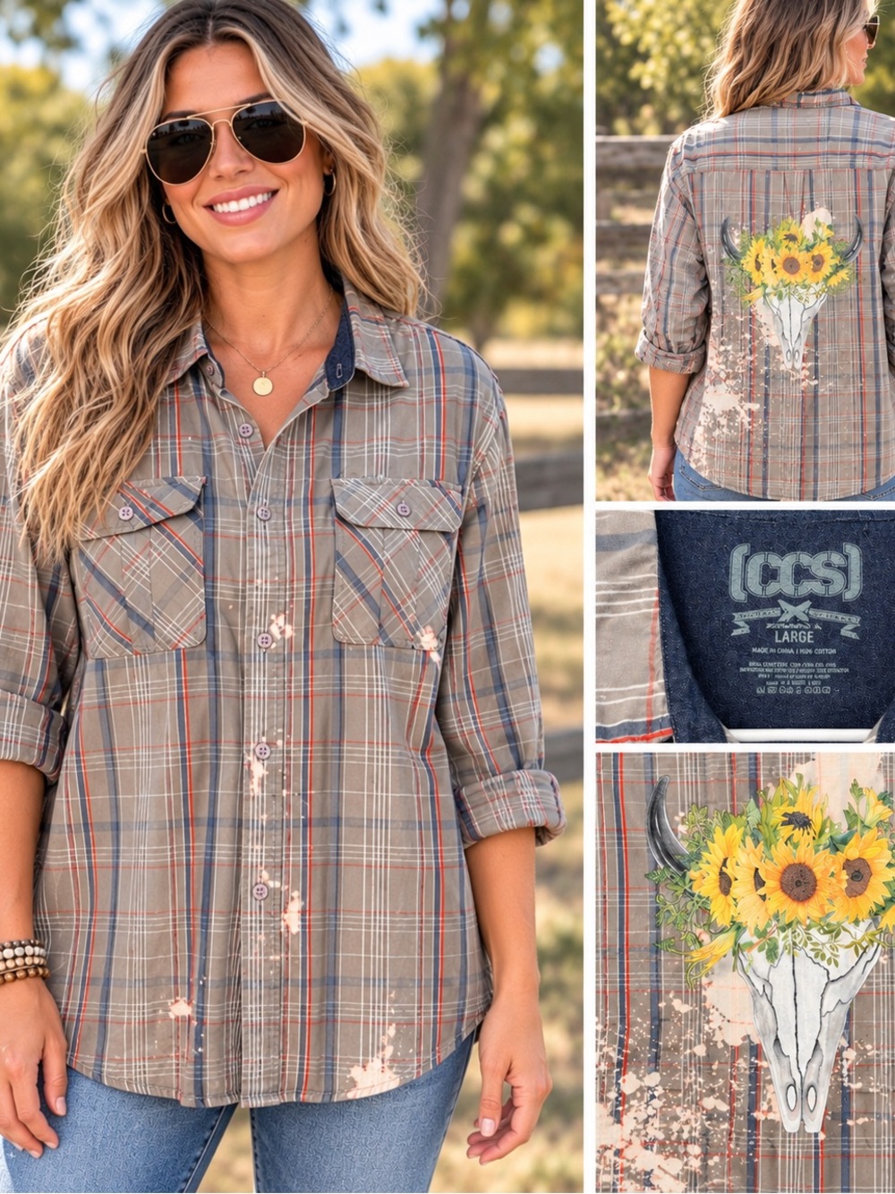 CCS Upcycled Plaid Shirt with Sunflower Skull Back - Tan Plaid